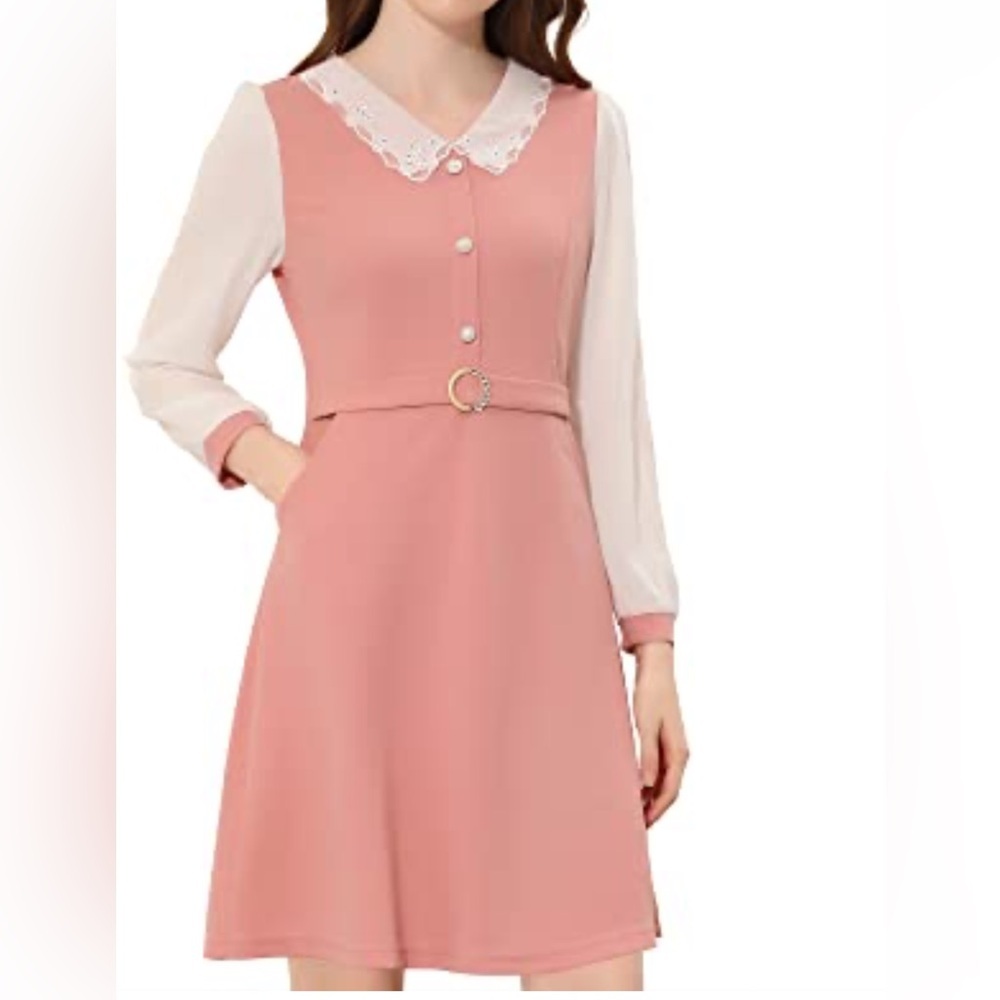 Allegra K Vintage Inspired Pink Long Sleeve Dress with White  Lace Collar